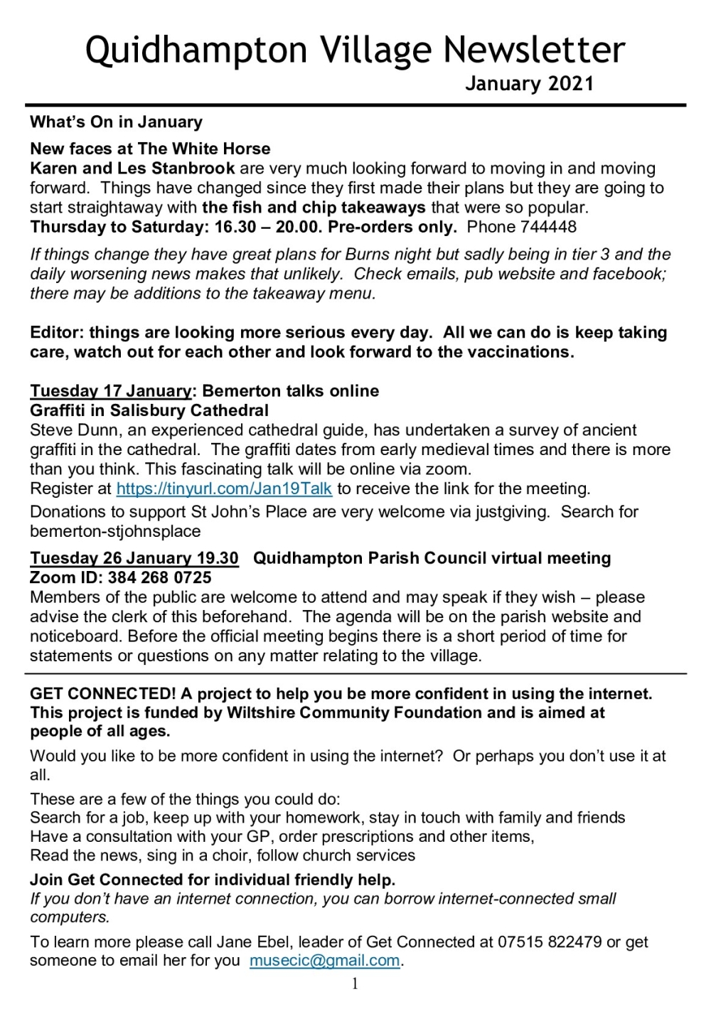 A community newsletter lists village news, takeaway info, and events for January 2021 on a white background.