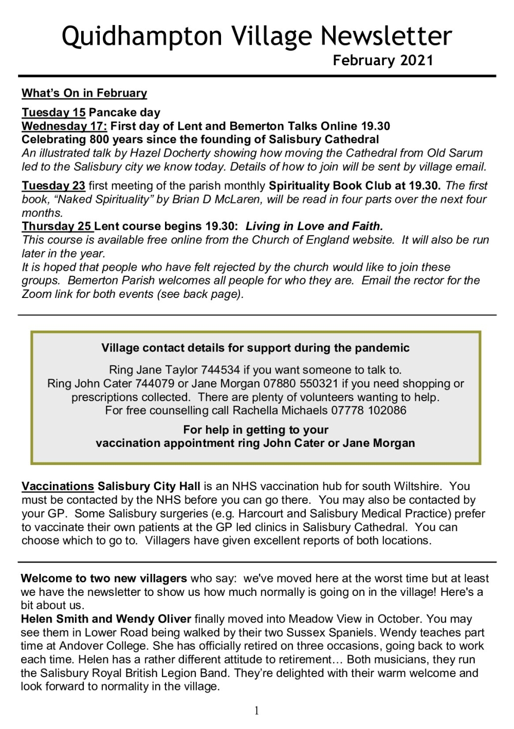 A newsletter listing February 2021 events, support contacts, and local church updates for Quidhampton village.