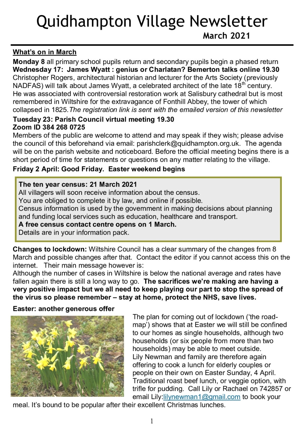 A village newsletter with event details, contact info, meeting dates, and local announcements for March 2021.