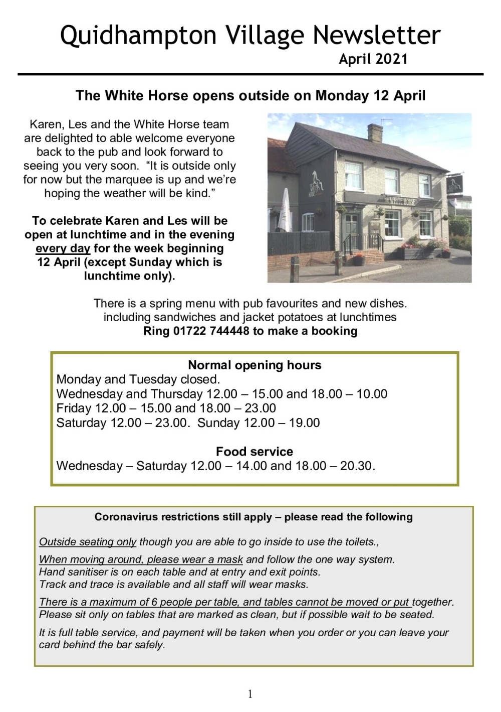 Newsletter page featuring White Horse pub re-opening, opening hours, booking info, and COVID-19 safety guidelines.