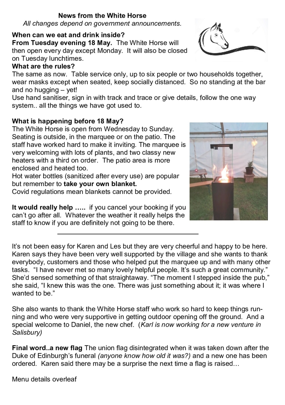 A pub newsletter details reopening rules, outdoor seating, events, and a new flag after lockdown.