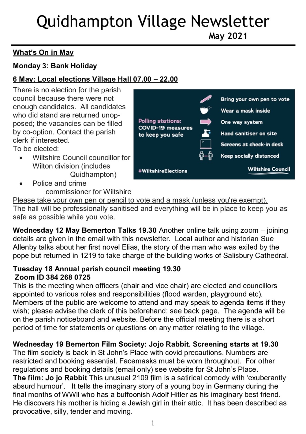 Quidhampton Village Newsletter May 2021, with events, election info, and COVID-19 voting guidelines.