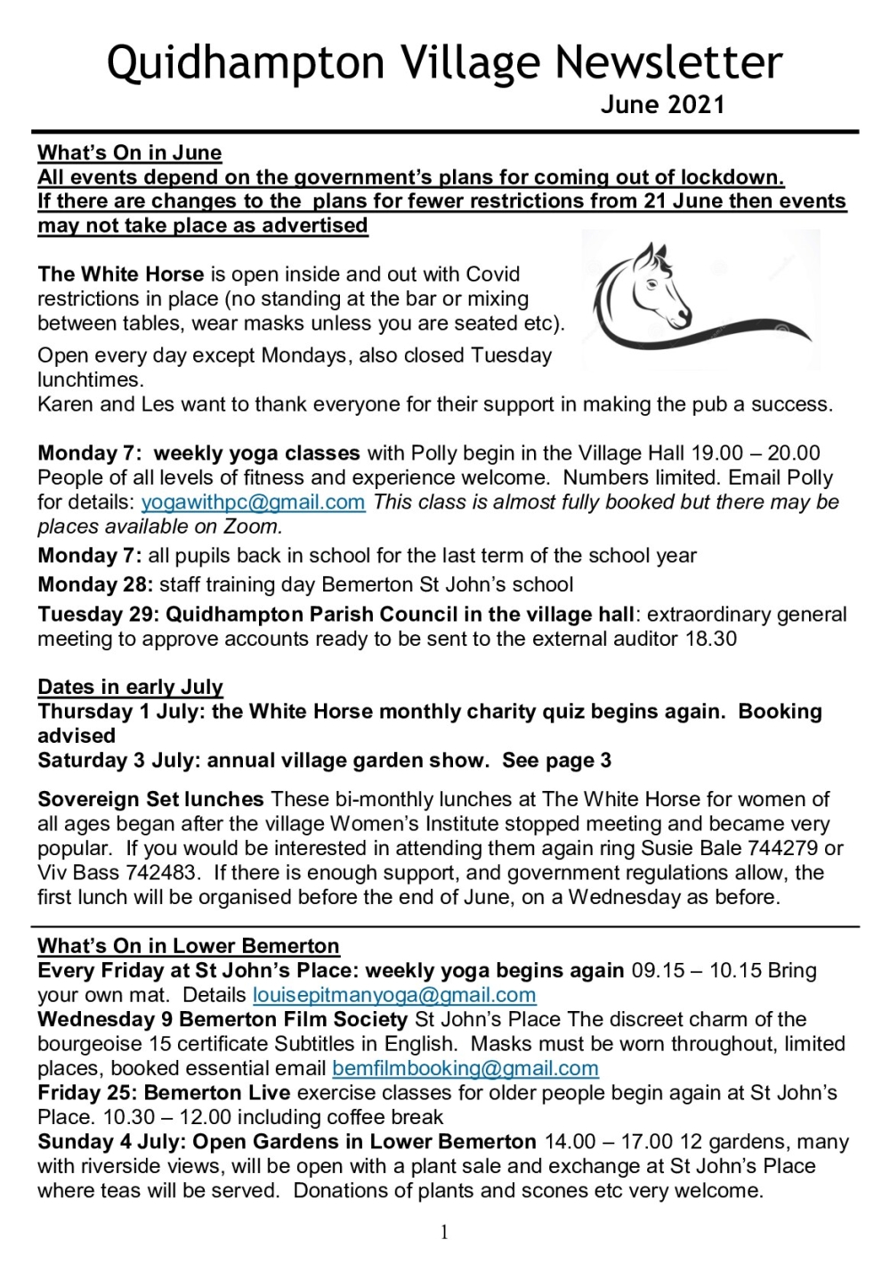 Quidhampton Village Newsletter, June 2021, listing events, updates, and village notices in a text format.