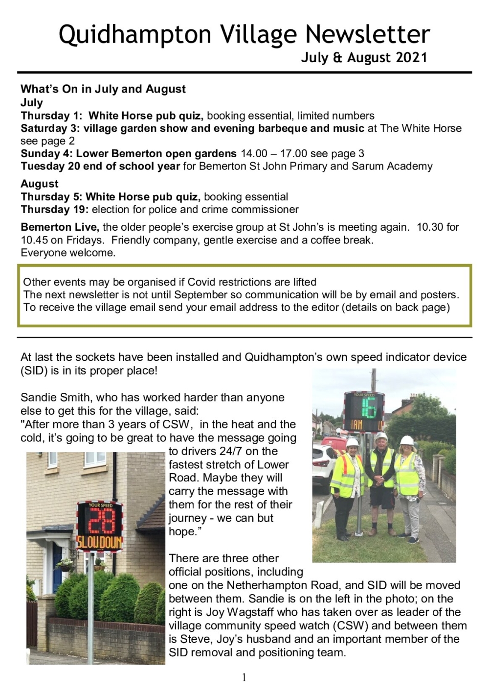 A newsletter page with local events, speed indicator info, and people in hi-vis vests near a village road.