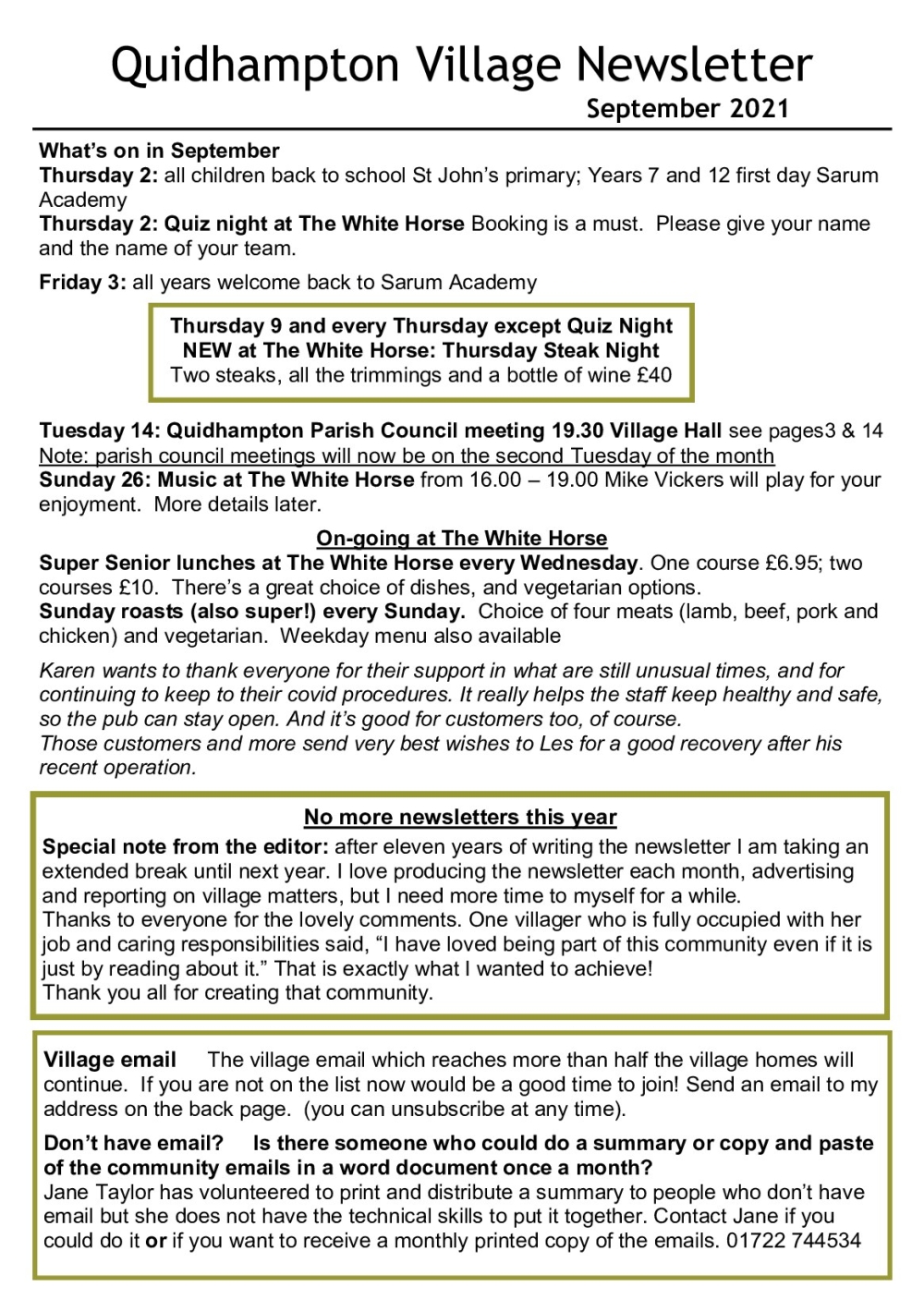 Quidhampton Village Newsletter September 2021, listing local events, news, and village updates in a text format.